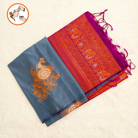 Grey with Purple Borderless Soft Silk Saree with Peacock butta