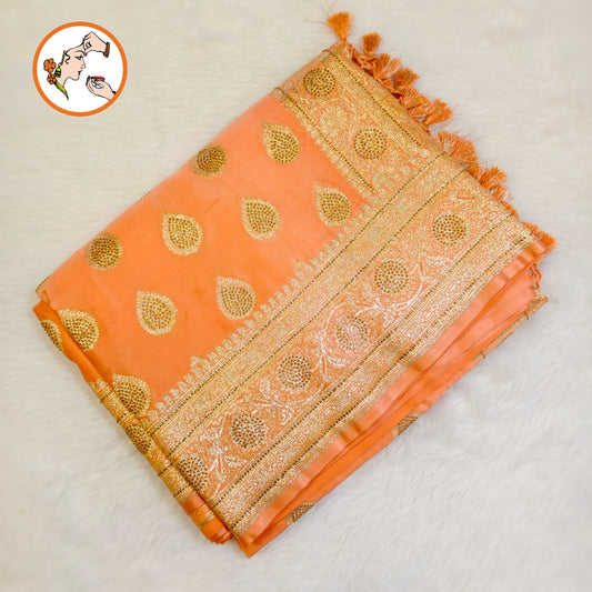 Peach Bridal Pure Banarasi Partywear Saree with Zirocn Stones