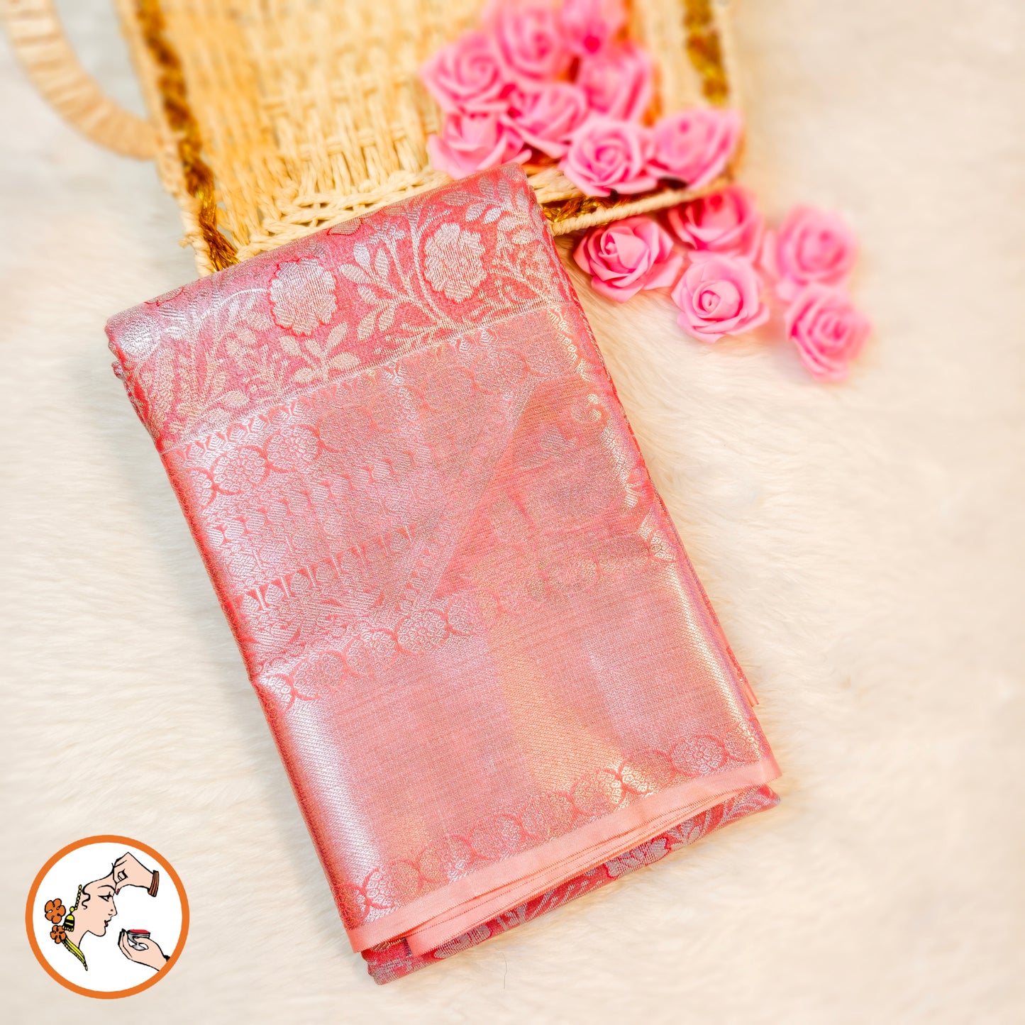Baby Pink Silver zari Kanchipuram Tissue Silk Saree