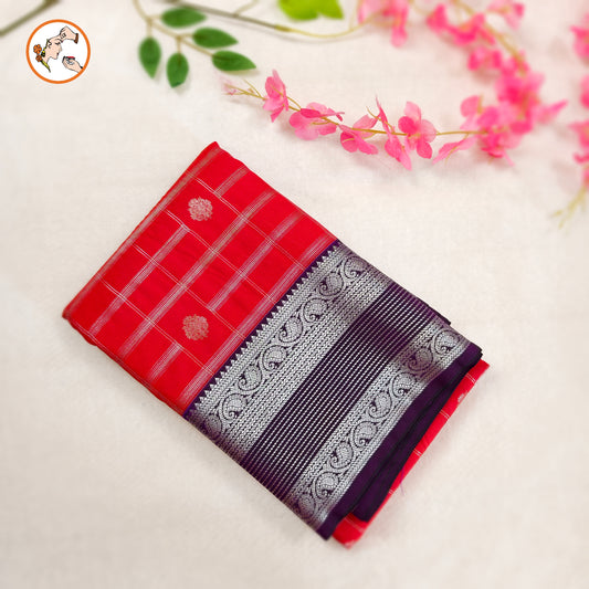 Red Traditional checks Kanchipuram Semi Silk Saree