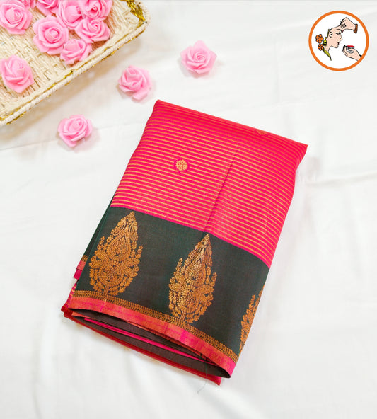 Pink & Green Semi Silk Saree with horizontal stripes & fancy border