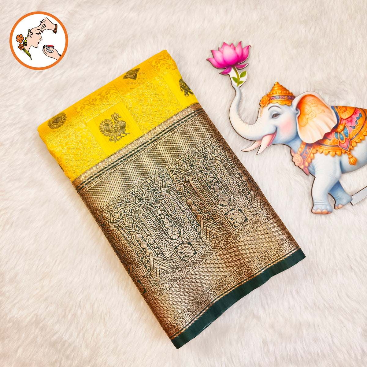 Light Yellow & Dark Green border Kanchiupuram Mix Silk Saree with Traditional checks(Kattam) & Mayil(Peacock) motif featuring intricate Gold zari work