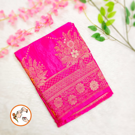 Rani Pink Gold zari work Bridal Pure Russian Satin Silk Saree
