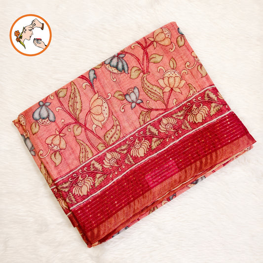Terracotta Dusty Rose colour Chanderi Kantha Embriodary Cotton Casual Saree