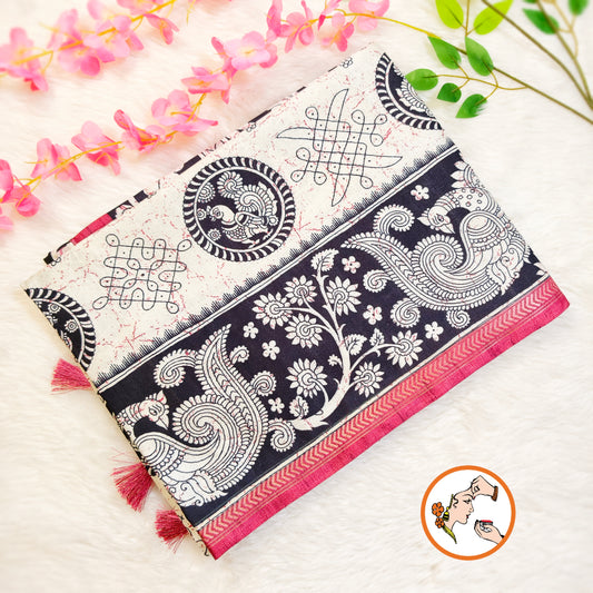 Black & White Kalamkari Tussar Silk Saree with Kolam & Elephant Peacock butta