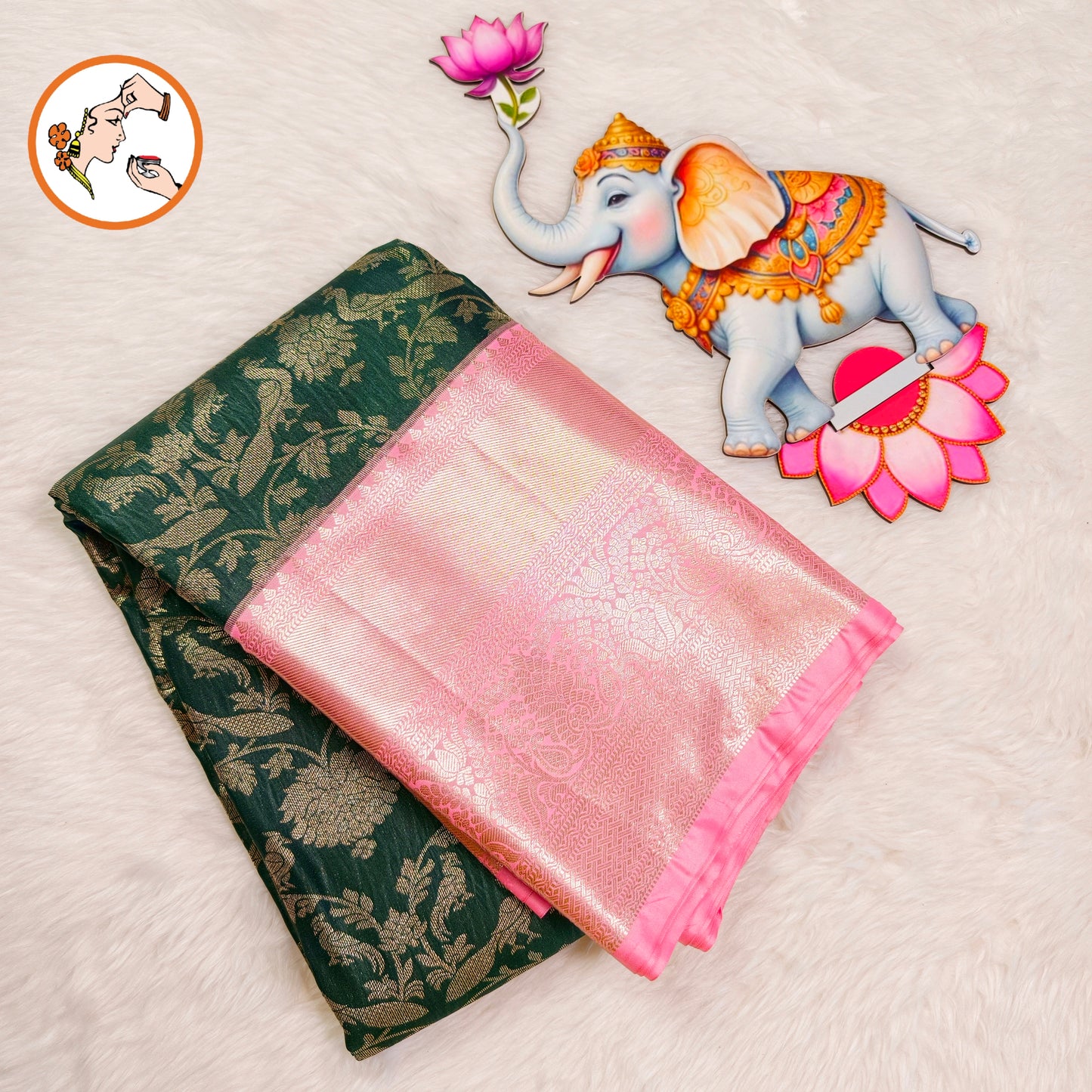 Dark Green with Baby Pink border Bridal Kanchipuram Mix Silk Saree