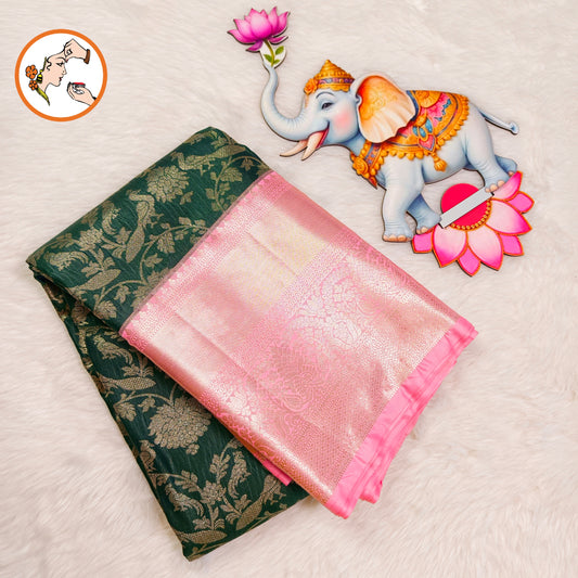Dark Green with Baby Pink border Bridal Kanchipuram Mix Silk Saree