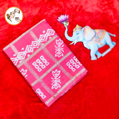 Pink checks Saree with Flower butta Soft Cotton Casual Saree