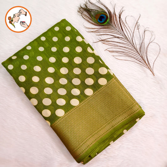 Green Retro theme Polka dots Dola Silk Casual Saree