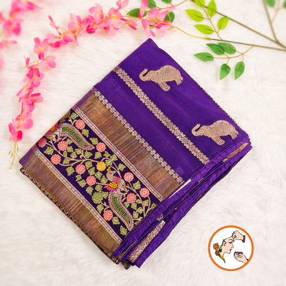 Purple elephant motif Peacock Meenakari work Fancy Silk Saree
