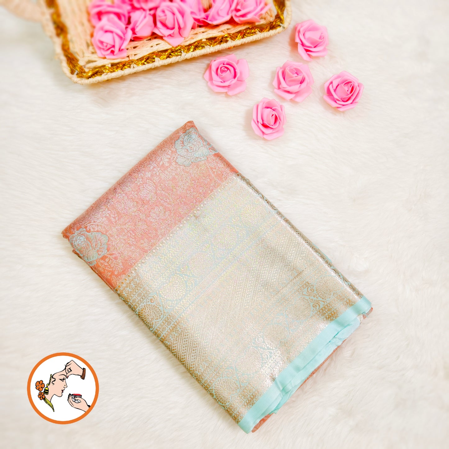 Golden Peach with Sea Green border High Tissue Kanchipuram Silk Saree with 3D Floral Pattern