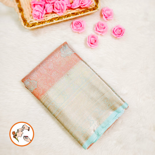 Golden Peach with Sea Green border High Tissue Kanchipuram Silk Saree with 3D Floral Pattern