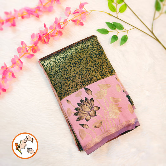 Dark Green with Pink Lotus border Fancy Semi Silk Saree