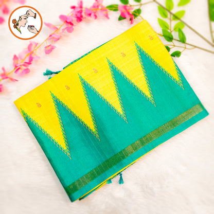 Lime Yellow with Sea Green temple border Dola Silk Casual Saree