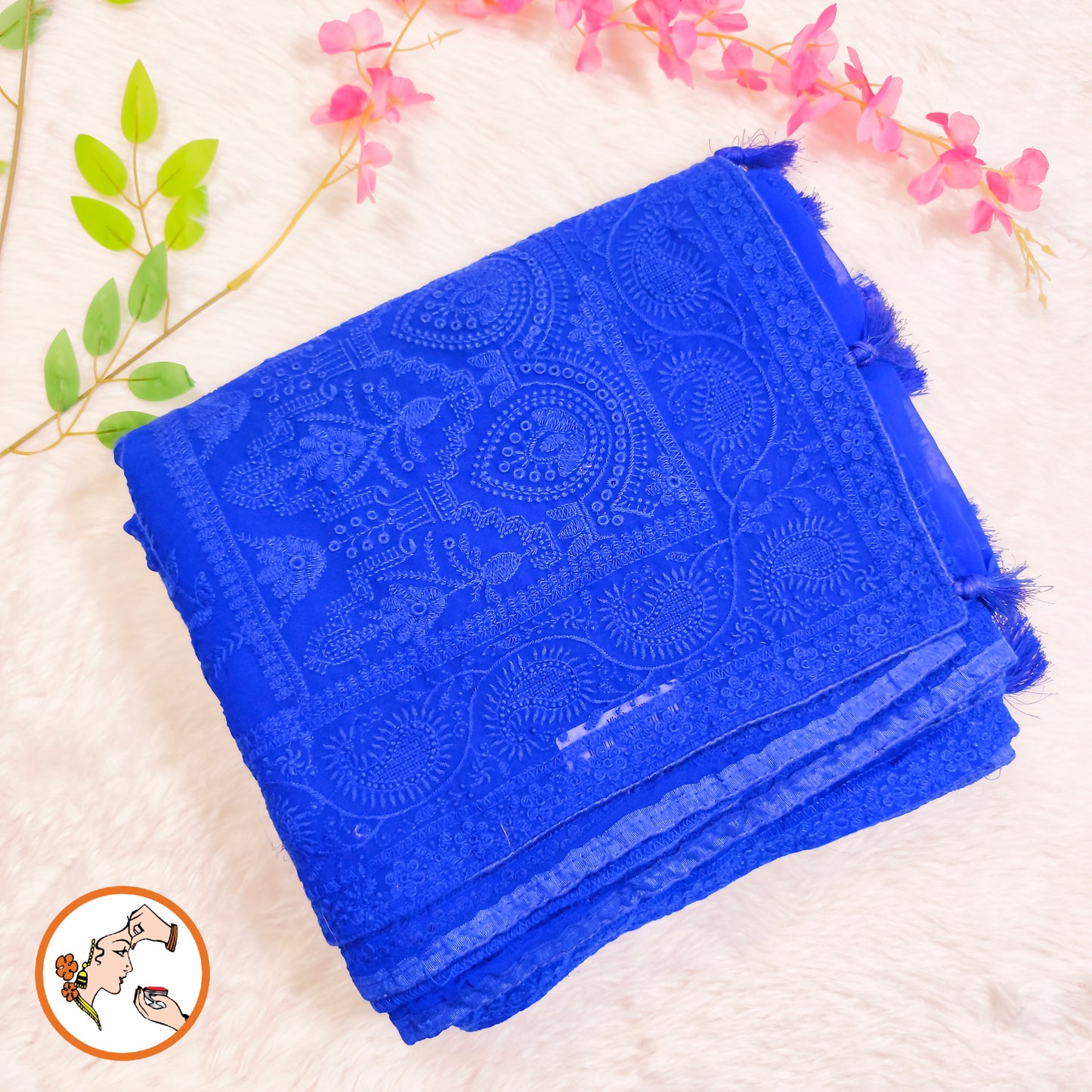 Royal Blue Lucknowi Chikankari Embroidery Pure Chiffon Partywear Saree
