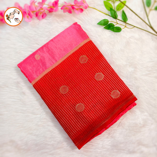 Pink Fancy Soft Silk Saree with Red vertical stripes border