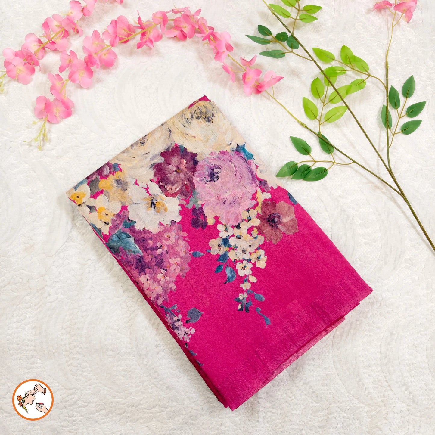 Fushia Pink brush paint Floral Tussar Saree Vivahasilks