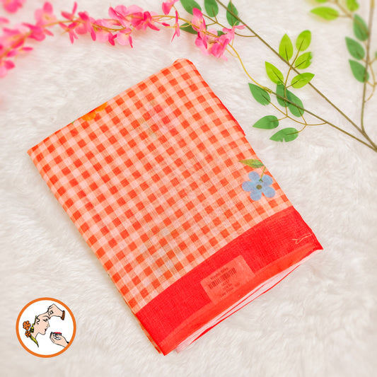 Orange checks pattern Linen Cotton Casual Saree