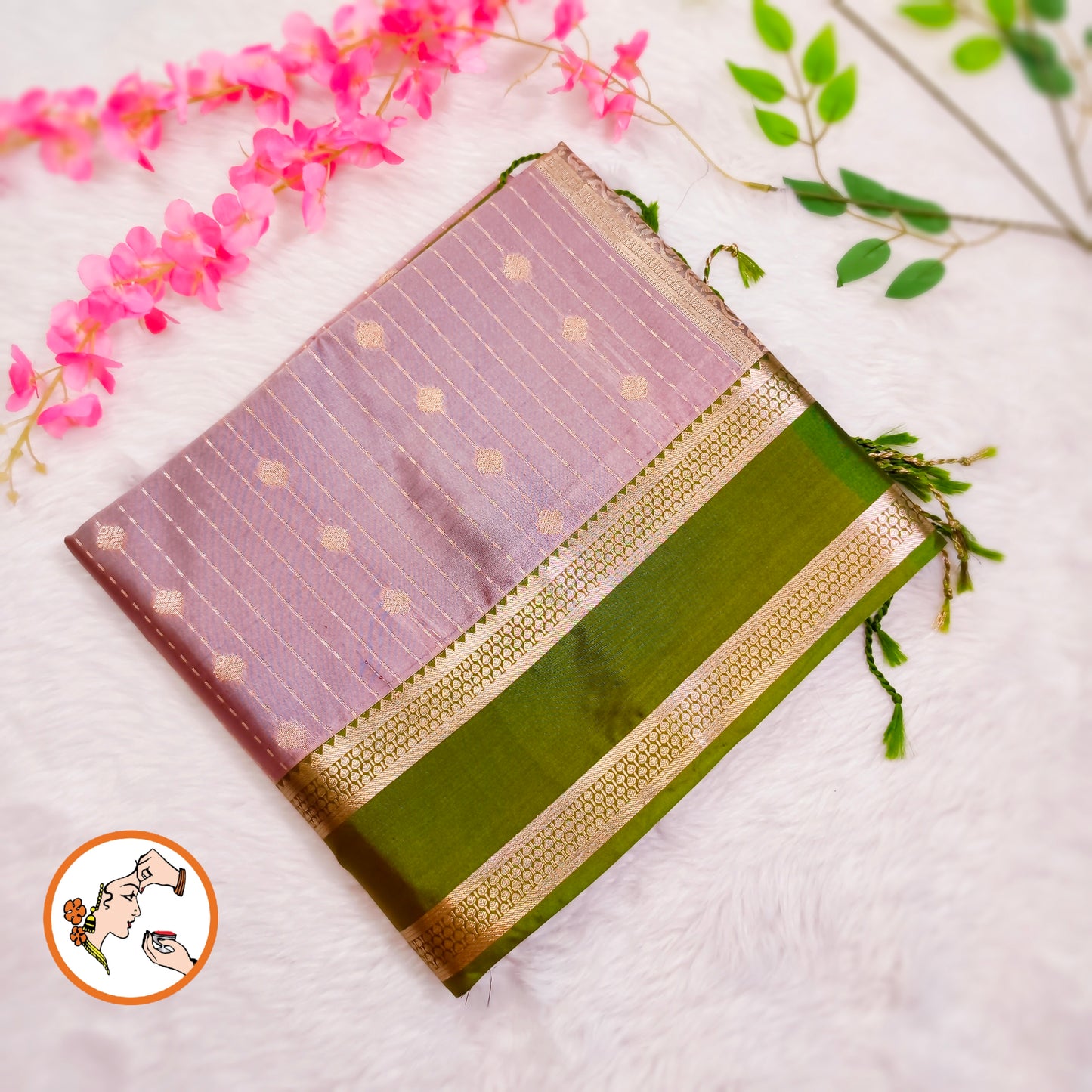 Onion Pink with Parrot Green Raindrop design Retta Petta border Semi Soft Silk Saree