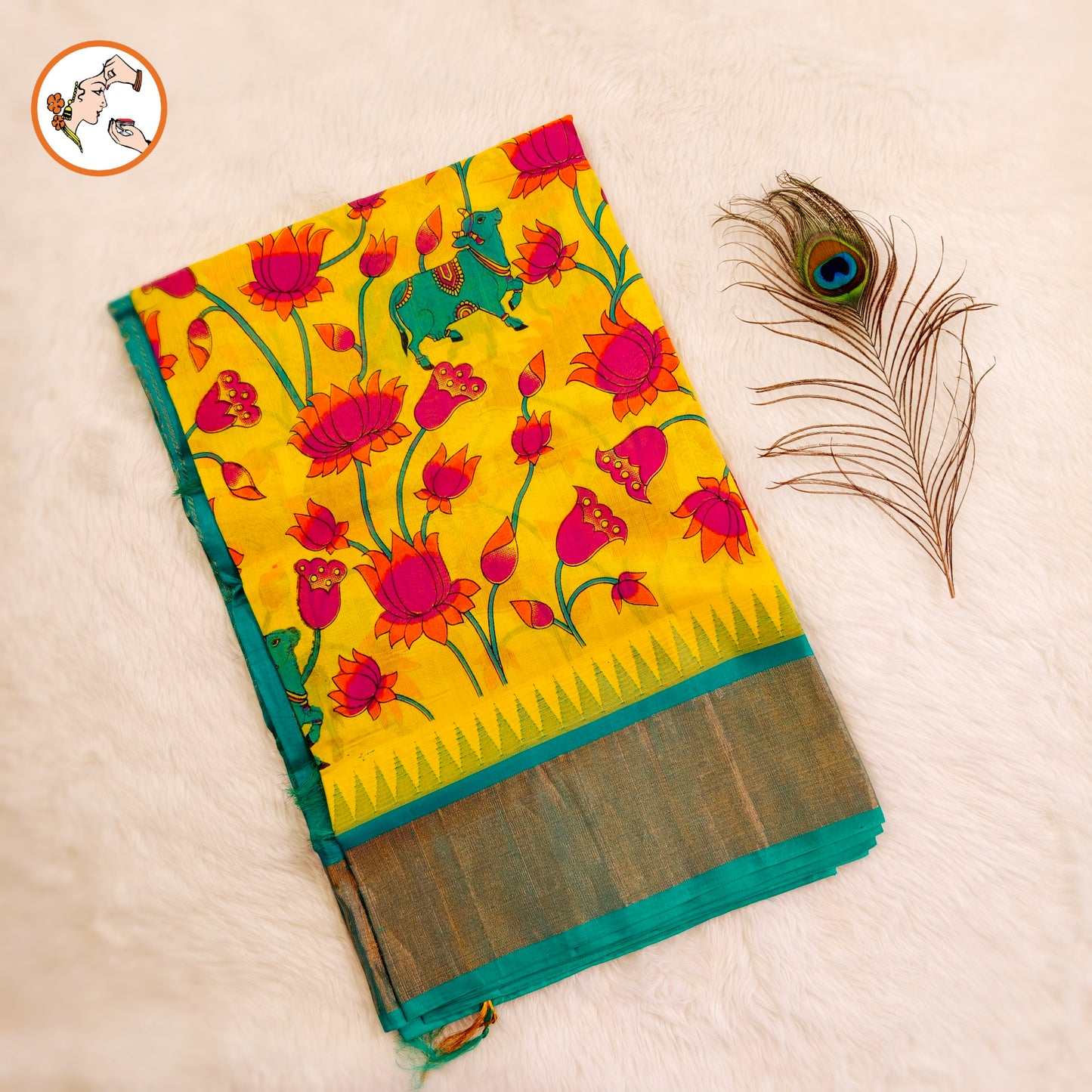 Lime Yellow with Sky Blue Pure Silk Cotton Saree with beautiful Kalamkari print
