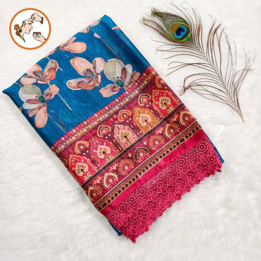 Peacock Blue Designer Georgette Saree with lace border