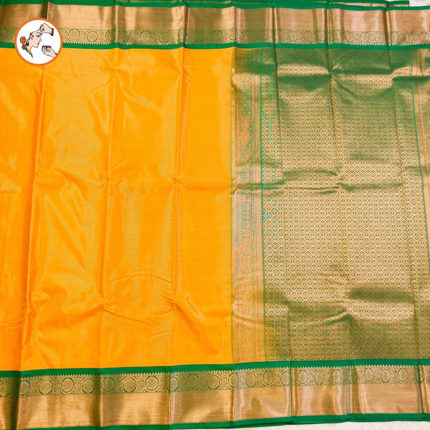 Mustard Yellow with Green border Vairoosi stripes Kanchipuram Semi Silk Saree