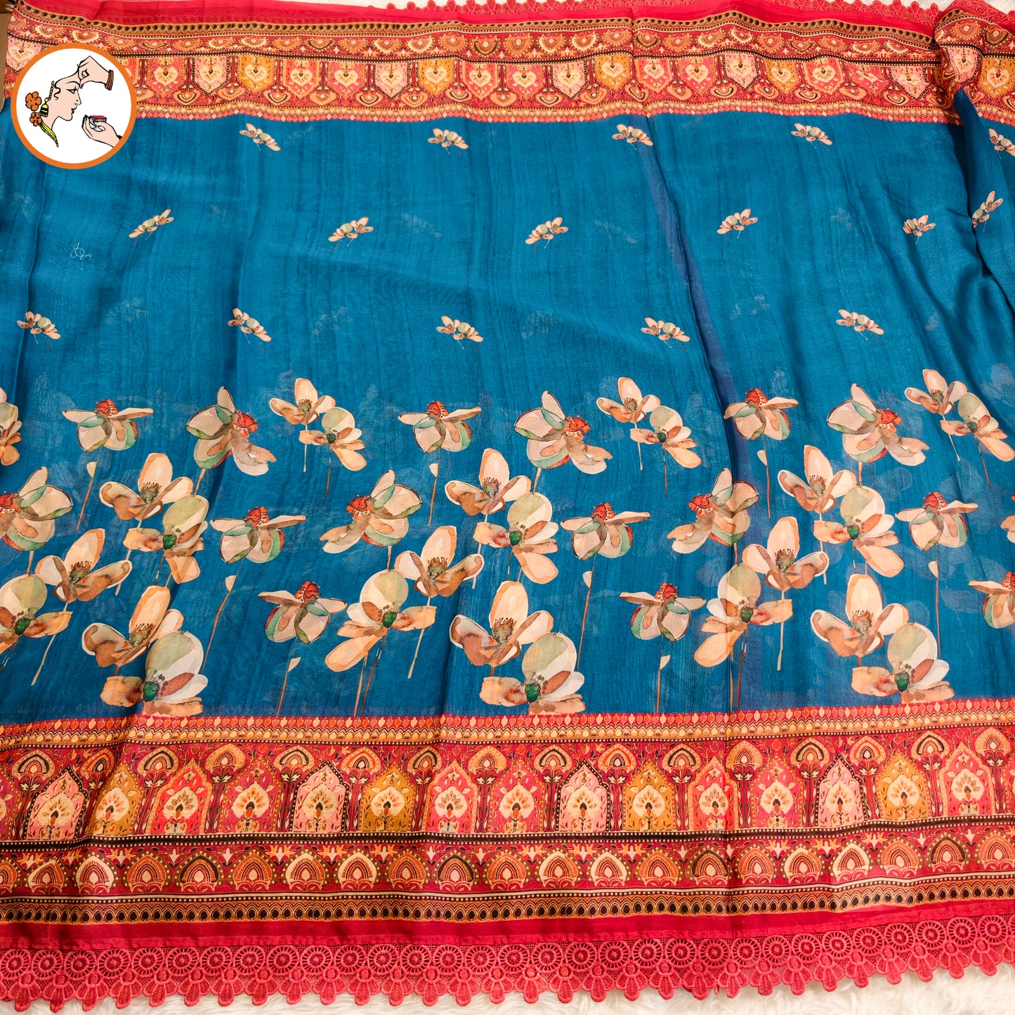 Peacock Blue Designer Georgette Saree with lace border