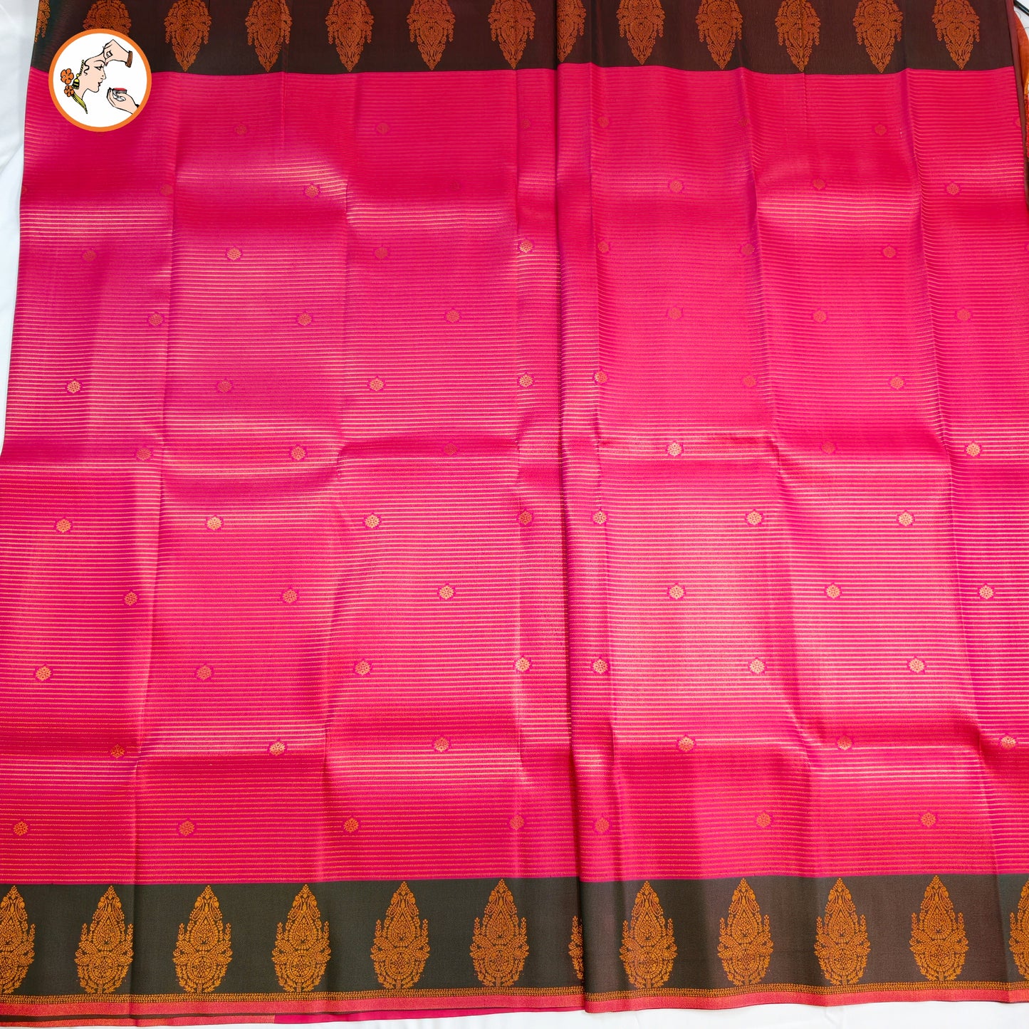 Pink & Green Semi Silk Saree with horizontal stripes & fancy border