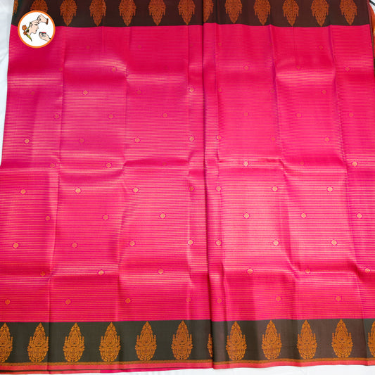 Pink & Green Semi Silk Saree with horizontal stripes & fancy border
