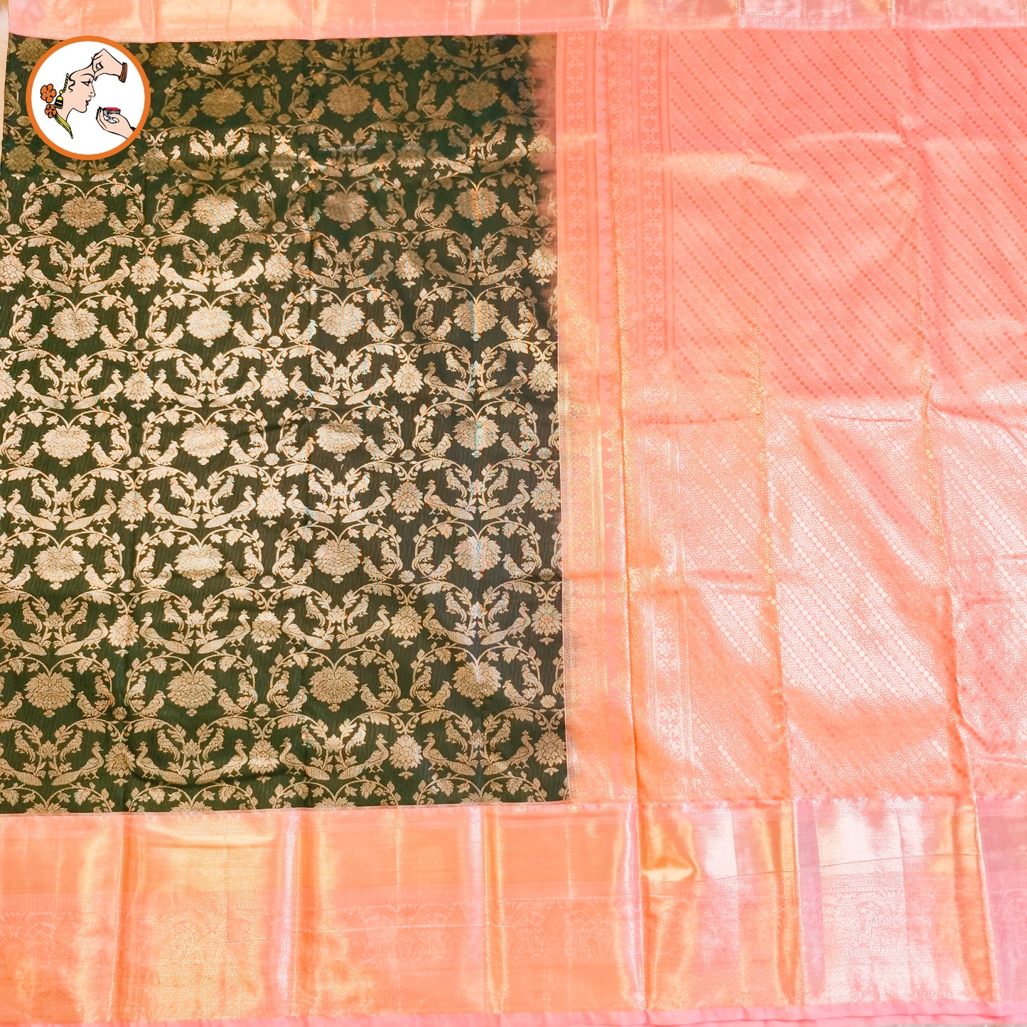 Dark Green with Baby Pink border Bridal Kanchipuram Mix Silk Saree