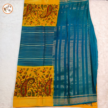 Yellow & Peacock Blue designer semi Mysore Silk Saree
