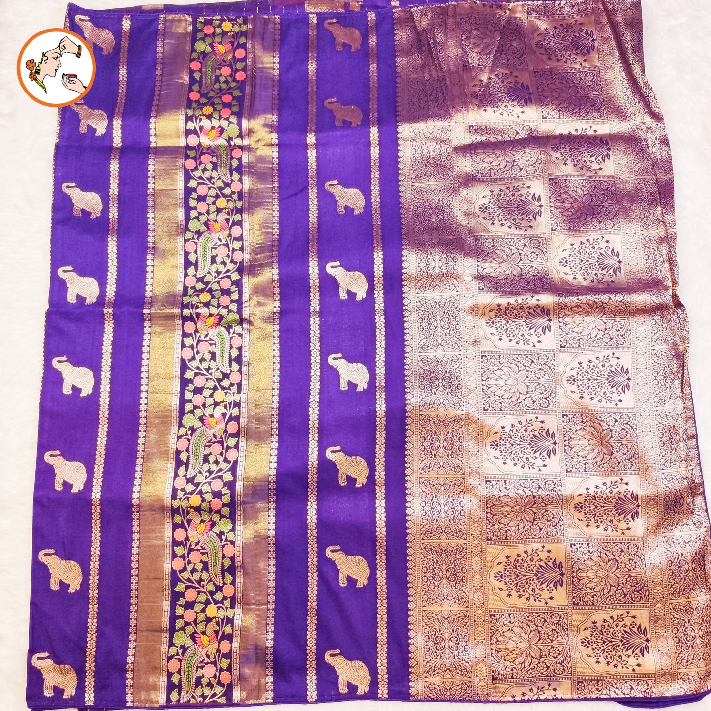 Purple elephant motif Peacock Meenakari work Fancy Silk Saree