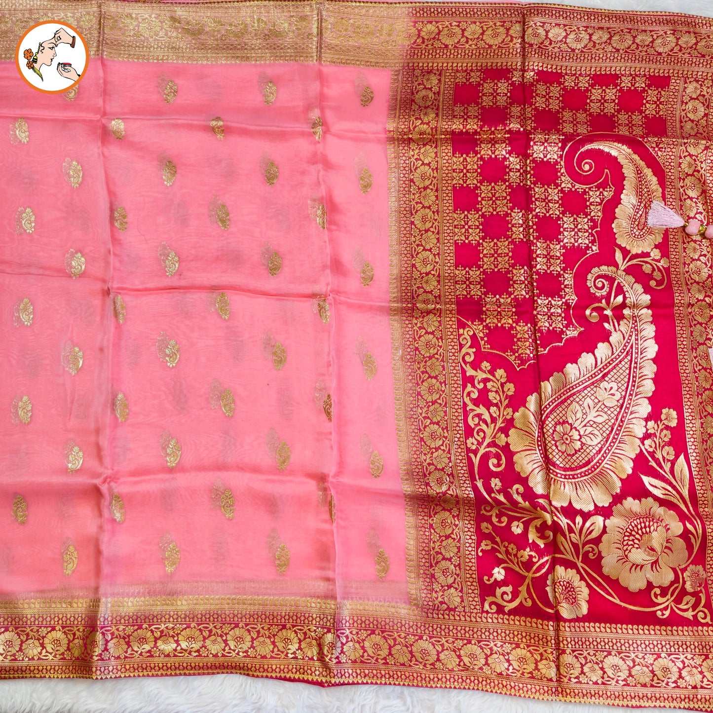 Light Pink Pure Organza Designer Saree with contrast Dark Pink border & blouse