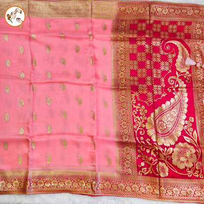 Light Pink Pure Organza Designer Saree with contrast Dark Pink border & blouse