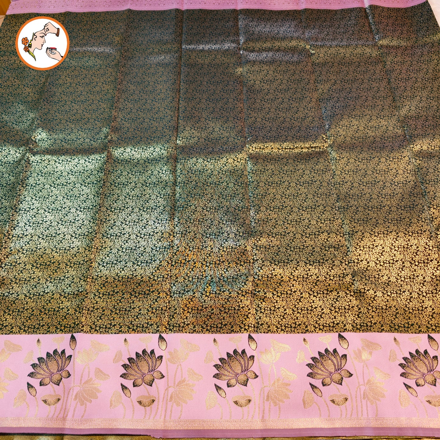 Dark Green with Pink Lotus border Fancy Semi Silk Saree
