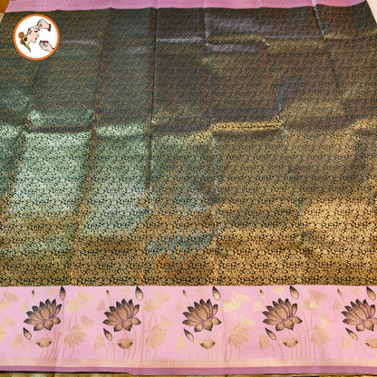 Dark Green with Pink Lotus border Fancy Semi Silk Saree
