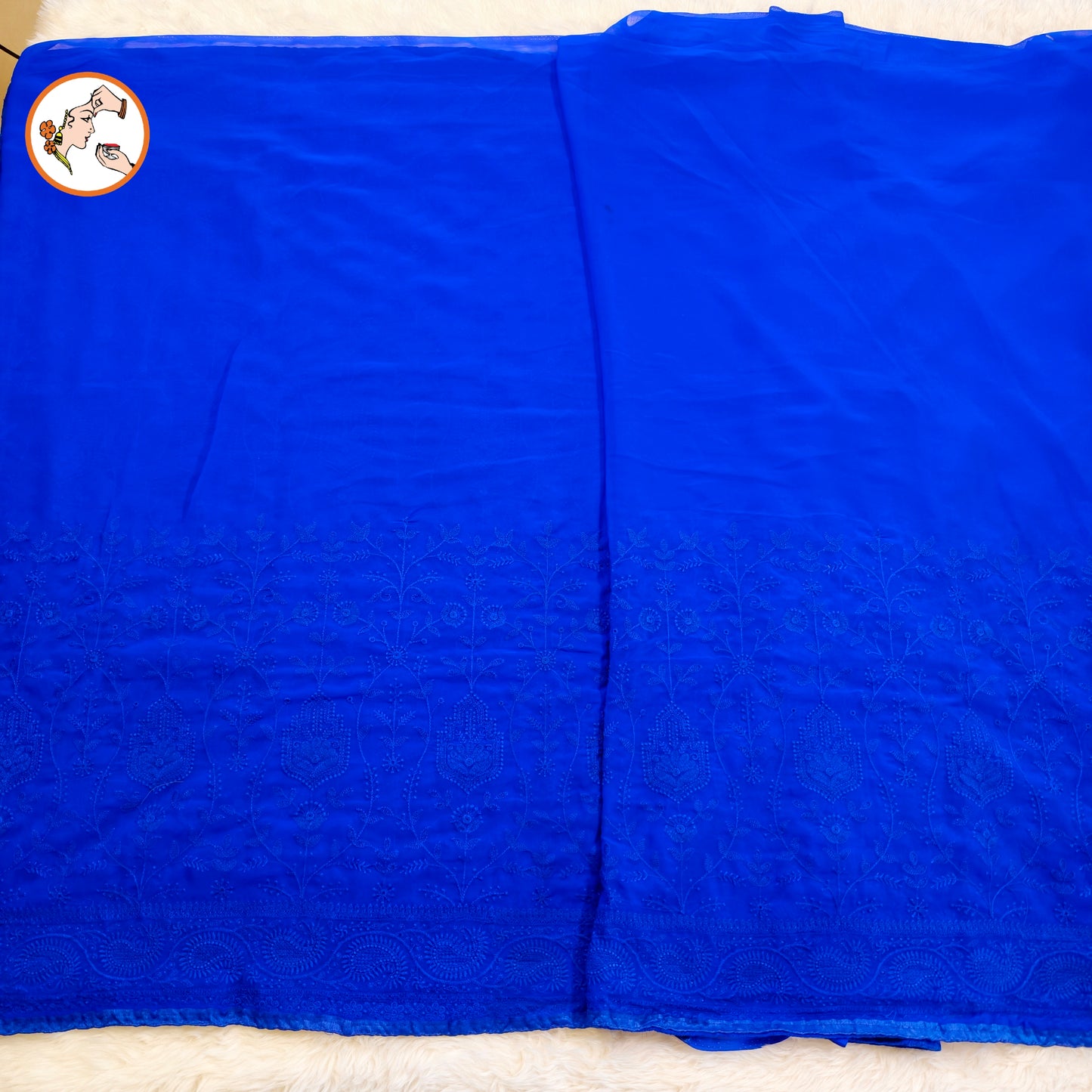 Royal Blue Lucknowi Chikankari Embroidery Pure Chiffon Partywear Saree