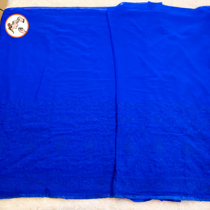 Royal Blue Lucknowi Chikankari Embroidery Pure Chiffon Partywear Saree