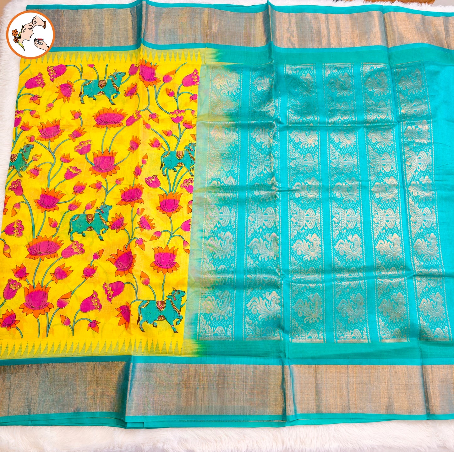 Lime Yellow with Sky Blue Pure Silk Cotton Saree with beautiful Kalamkari print