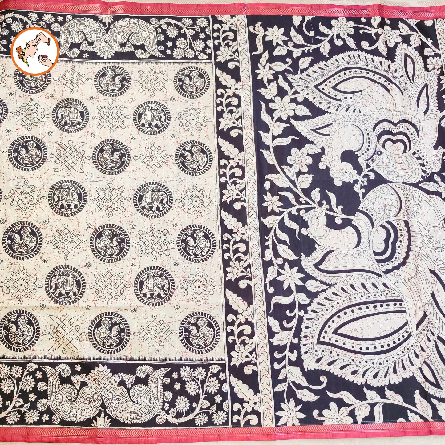 Black & White Kalamkari Tussar Silk Saree with Kolam & Elephant Peacock butta