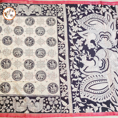 Black & White Kalamkari Tussar Silk Saree with Kolam & Elephant Peacock butta