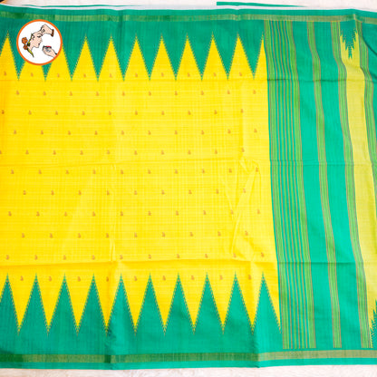 Lime Yellow with Sea Green temple border Dola Silk Casual Saree