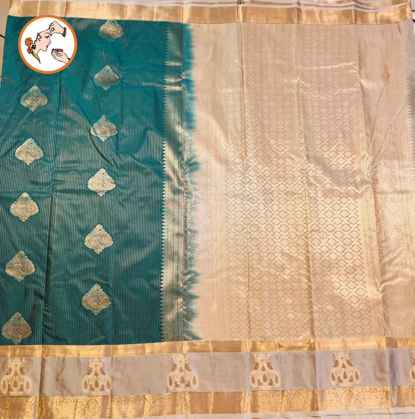 Peacock Green peacock border Vairoosi stripes Kanchipuram Semi SIlk Saree