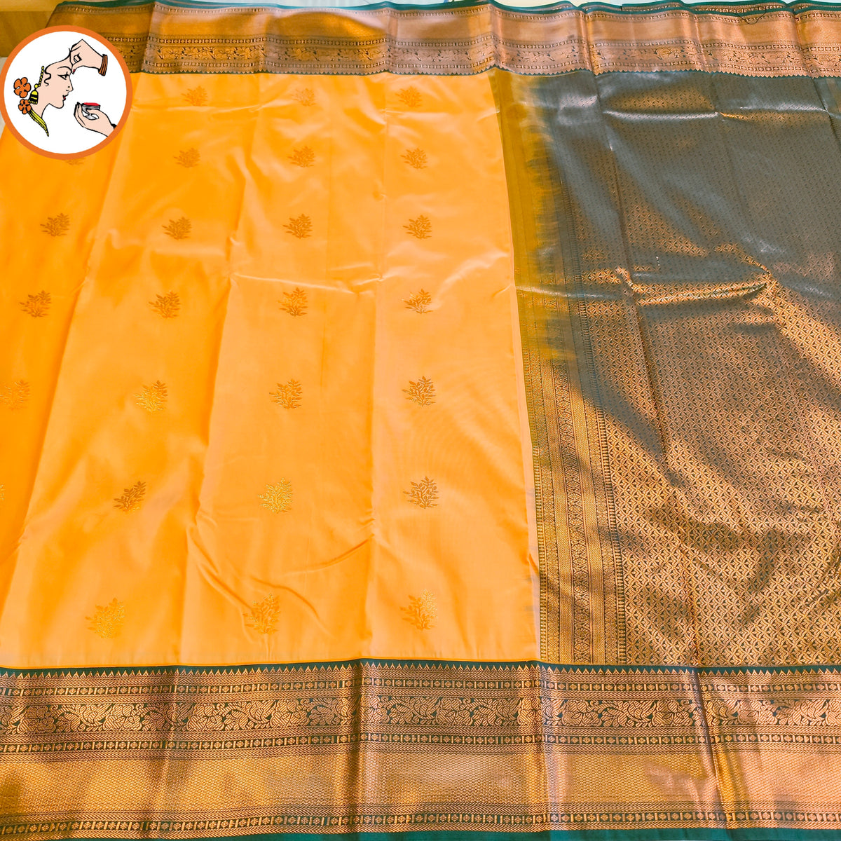 Apricot colour (Light Mango Yellow) with Dark Green border Kanchipuram Semi Silk Saree