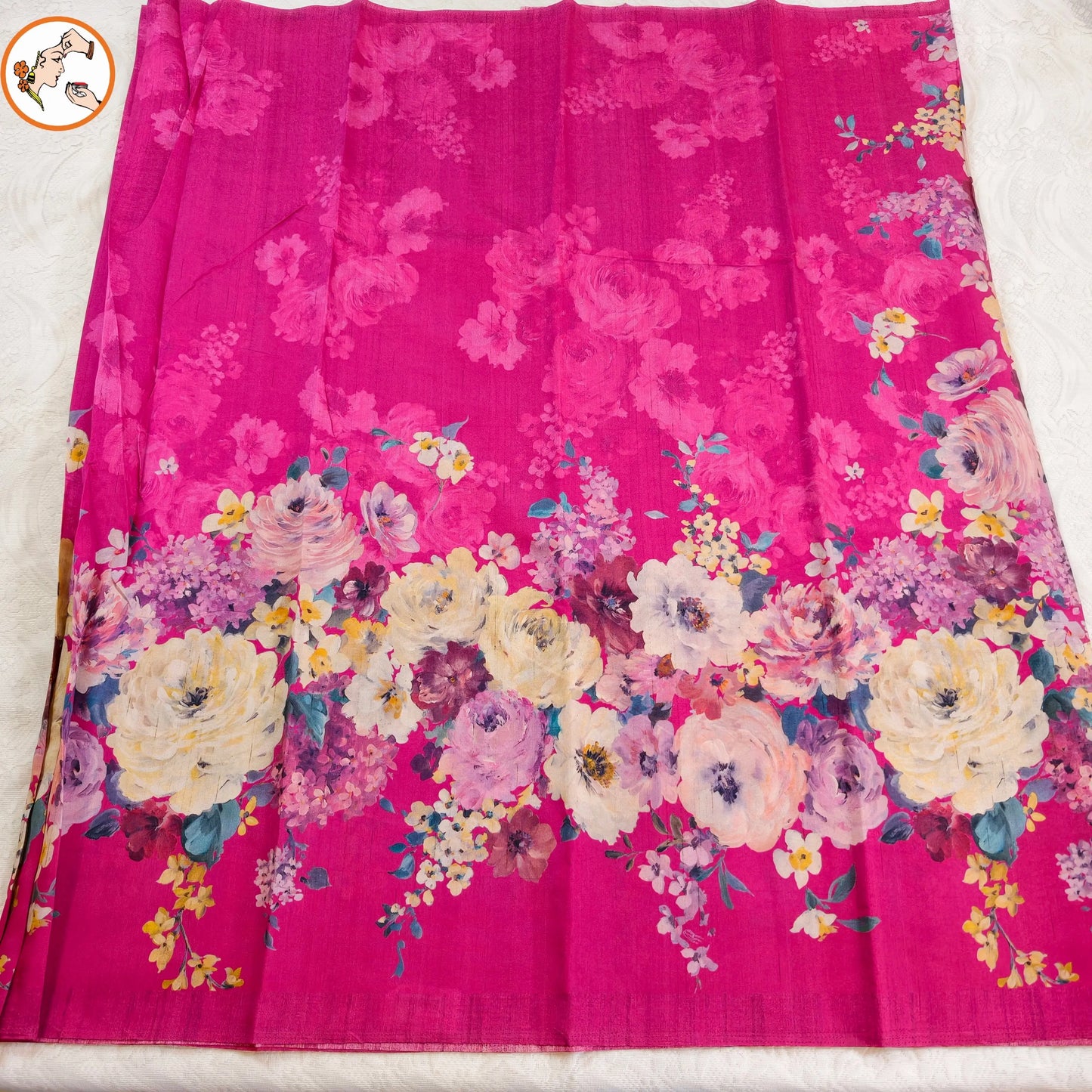 Fushia Pink Brush Paint Floral Tussar Saree floral brush paint design