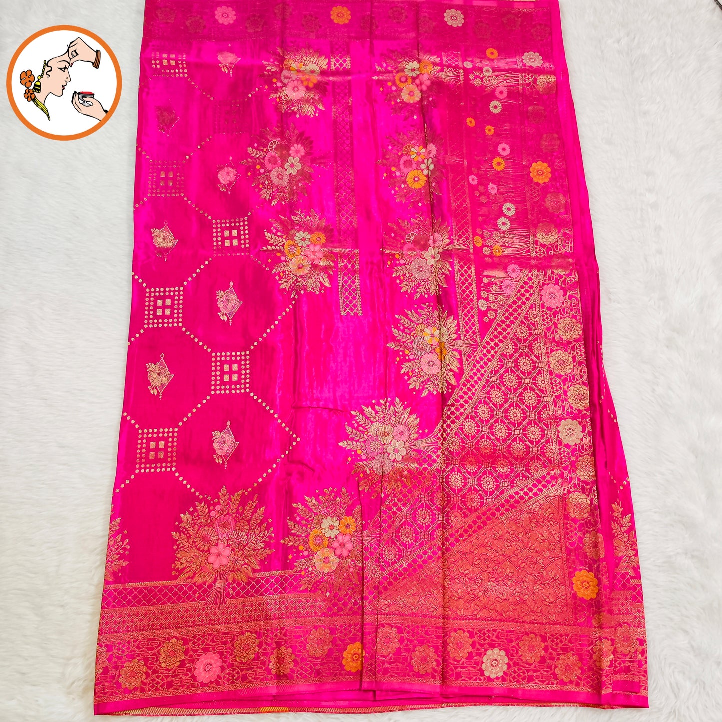 Rani Pink Gold zari work Bridal Pure Russian Satin Silk Saree