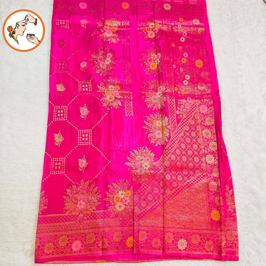 Rani Pink Gold zari work Bridal Pure Russian Satin Silk Saree