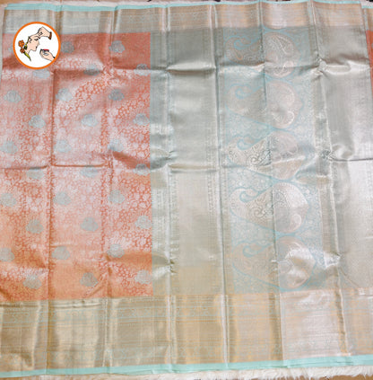 Golden Peach with Sea Green border High Tissue Kanchipuram Silk Saree with 3D Floral Pattern