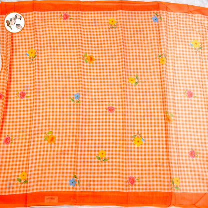 Orange checks pattern Linen Cotton Casual Saree