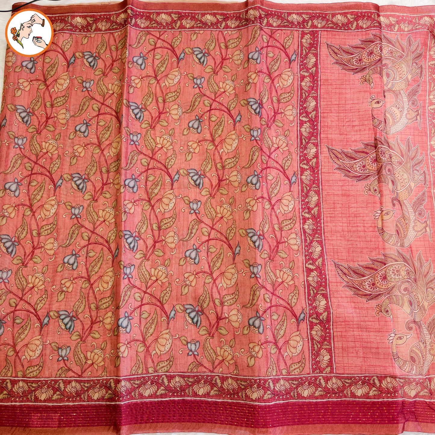Terracotta Dusty Rose colour Chanderi Kantha Embriodary Cotton Casual Saree